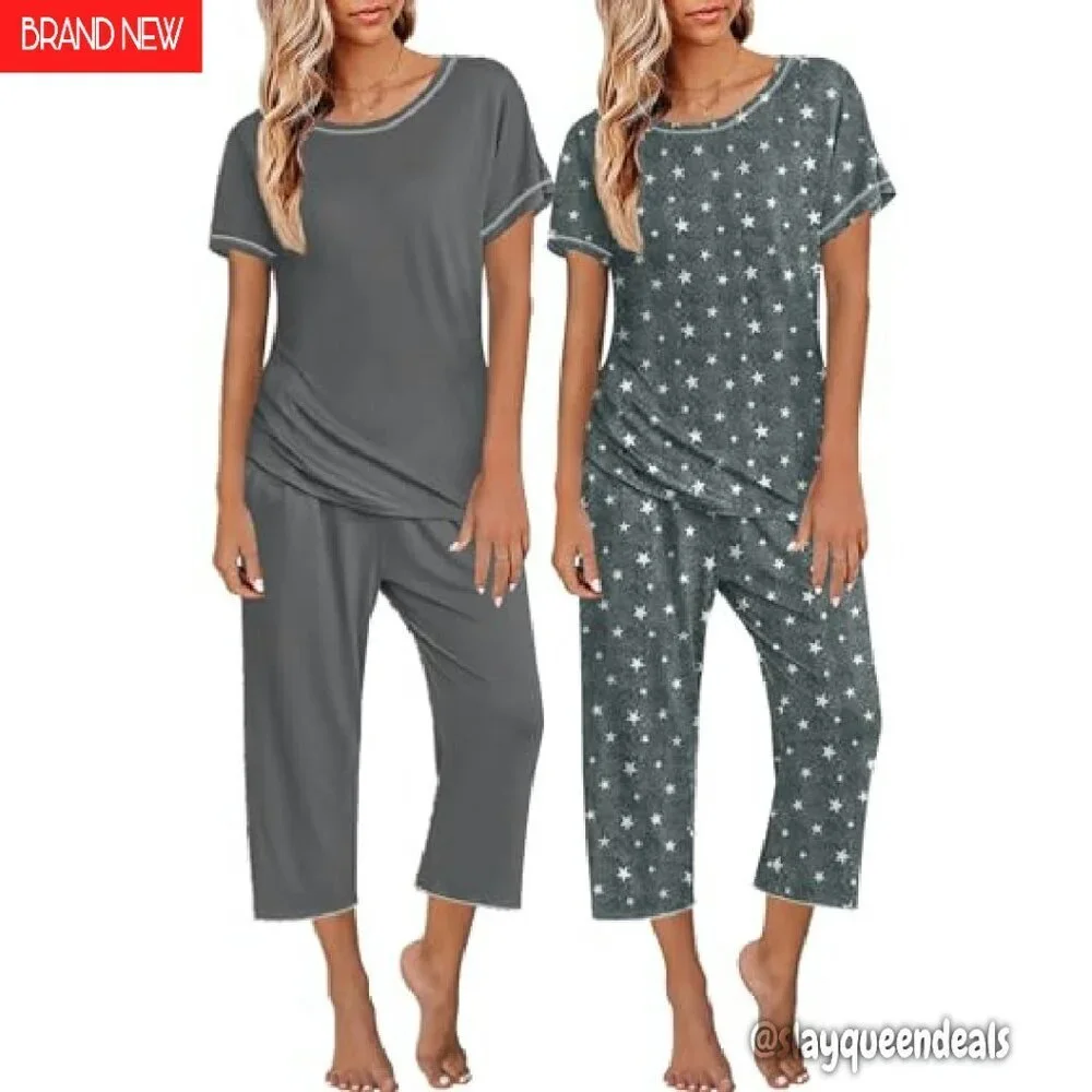 2 Pack Women's Pajama Set Short Sleeve Top Capri Pants Sleepwear